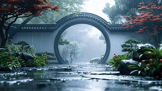 雨中国风庭院