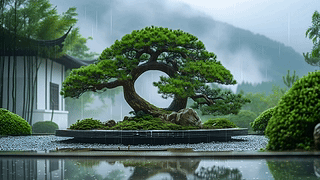 雨中庭院松景