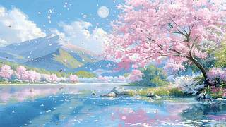 樱花树木河流景色