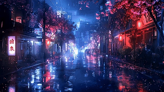 雨天樱花树木街道