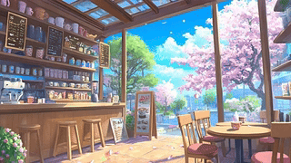 樱花树木窗外咖啡店