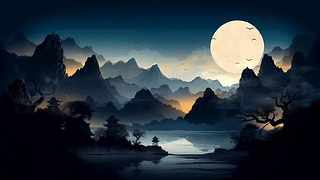 古风水墨山水月夜