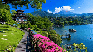 蓝天白云树木海景