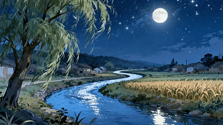 夜景树木河流