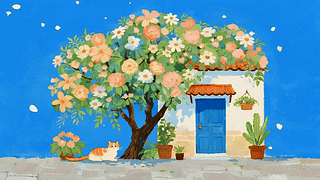 树下的猫咪和小屋