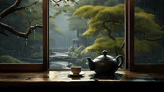 古风雨天绿景茶座