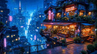 霓虹雨夜城市小店
