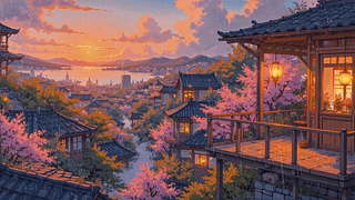 傍晚雨天海景小镇