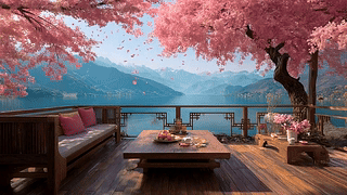 樱花树木河流