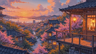 傍晚雨天海景小镇