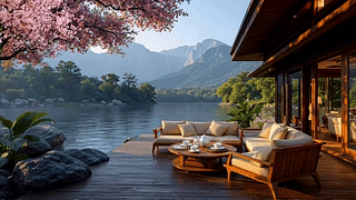 唯美春天落花湖畔小屋