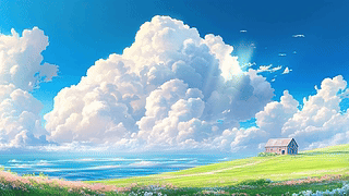 治愈唯美草原小屋蓝天白云