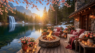 雪后高山湖边小屋