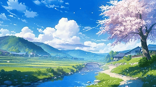 蓝天白云樱花树木河流