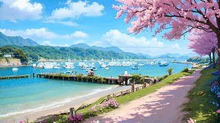 白云樱花树木海景