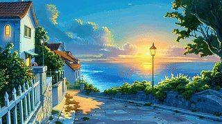 落日晚霞乡村海景