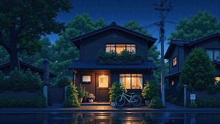 夜晚静谧街道木屋