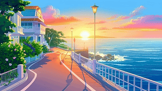 落日晚霞海景街道