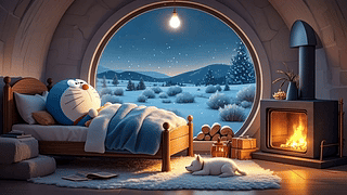 温暖雪夜卧室房间