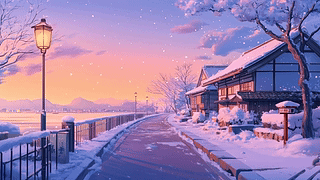 晚霞雪景街道