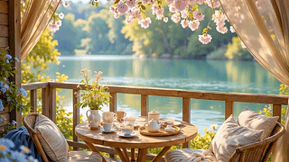 悠闲春天湖边小屋
