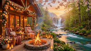 高山瀑布溪边小屋