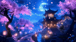 夜景古风樱花树木