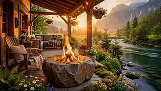 清晨高山河流小屋