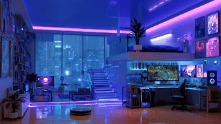 霓虹电竞雨夜房间