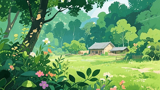 护眼绿景树木房屋