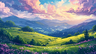 护眼晚霞花草树木