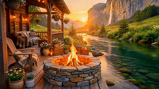 清晨高山瀑布溪流小屋
