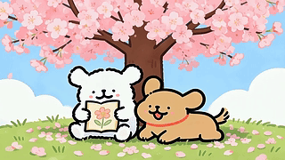 可爱樱花树下线条小狗