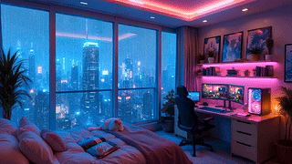 雨夜霓虹电脑房间