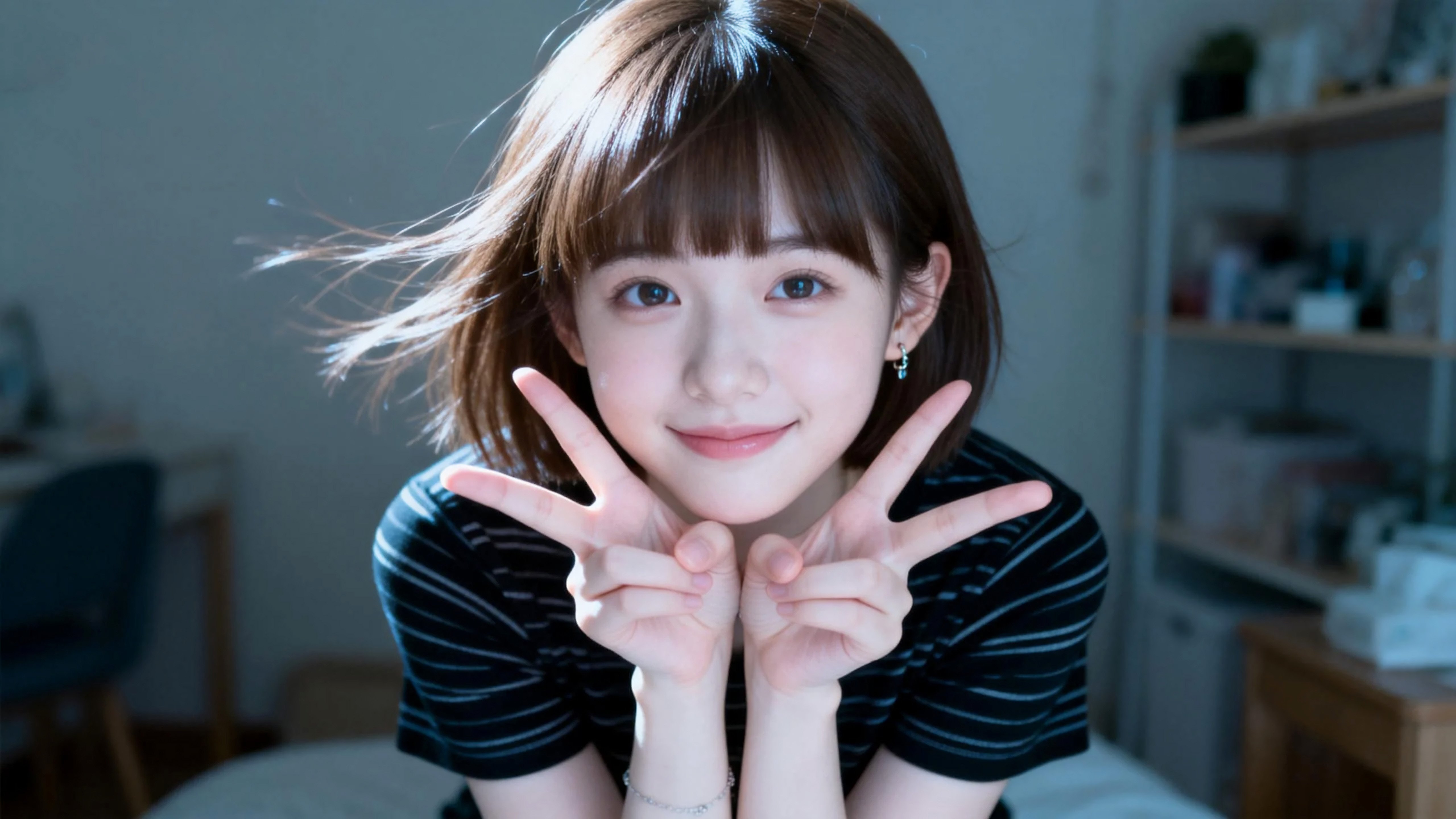比耶的短发甜美女孩