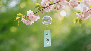 唯美樱花树枝铃铛四月你好
