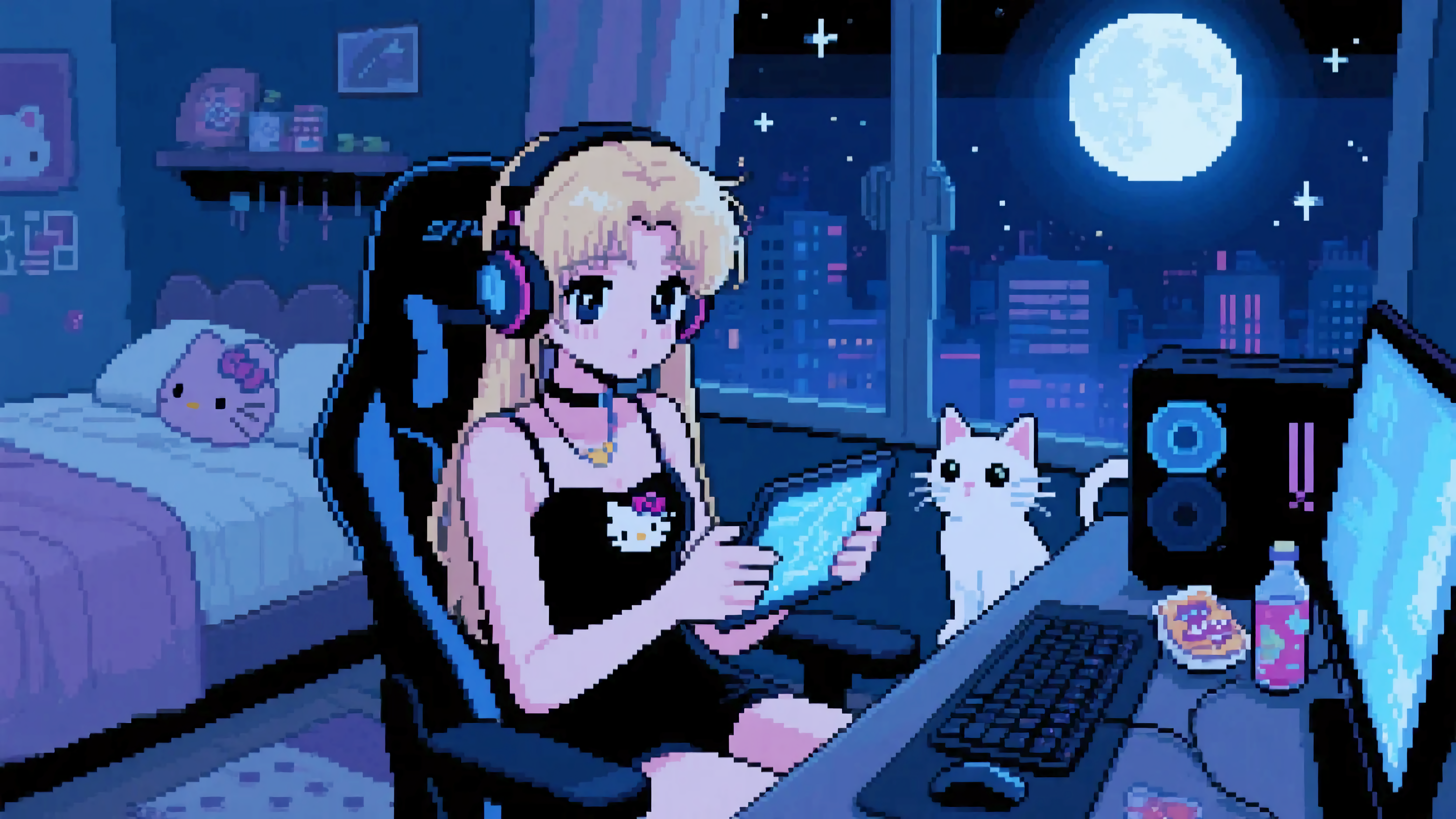 像素风戴耳机的少女