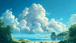 蓝天白云树木海景