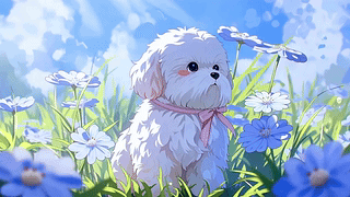 春日蓝花田小白狗