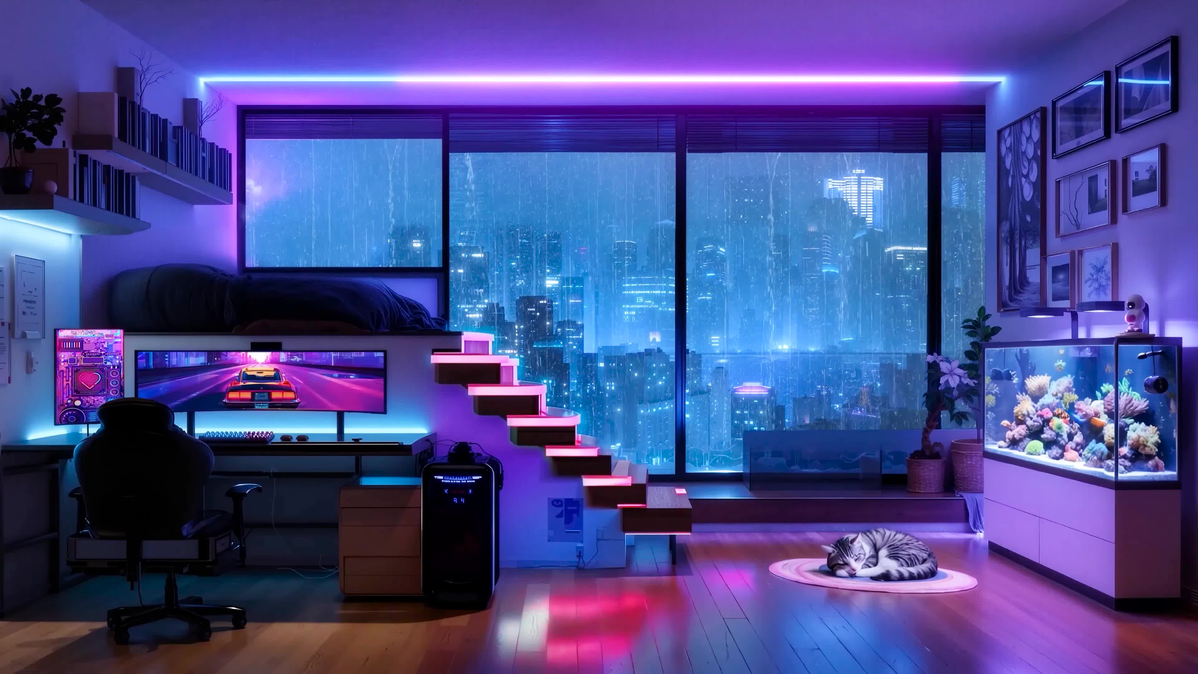 霓虹雨夜房间
