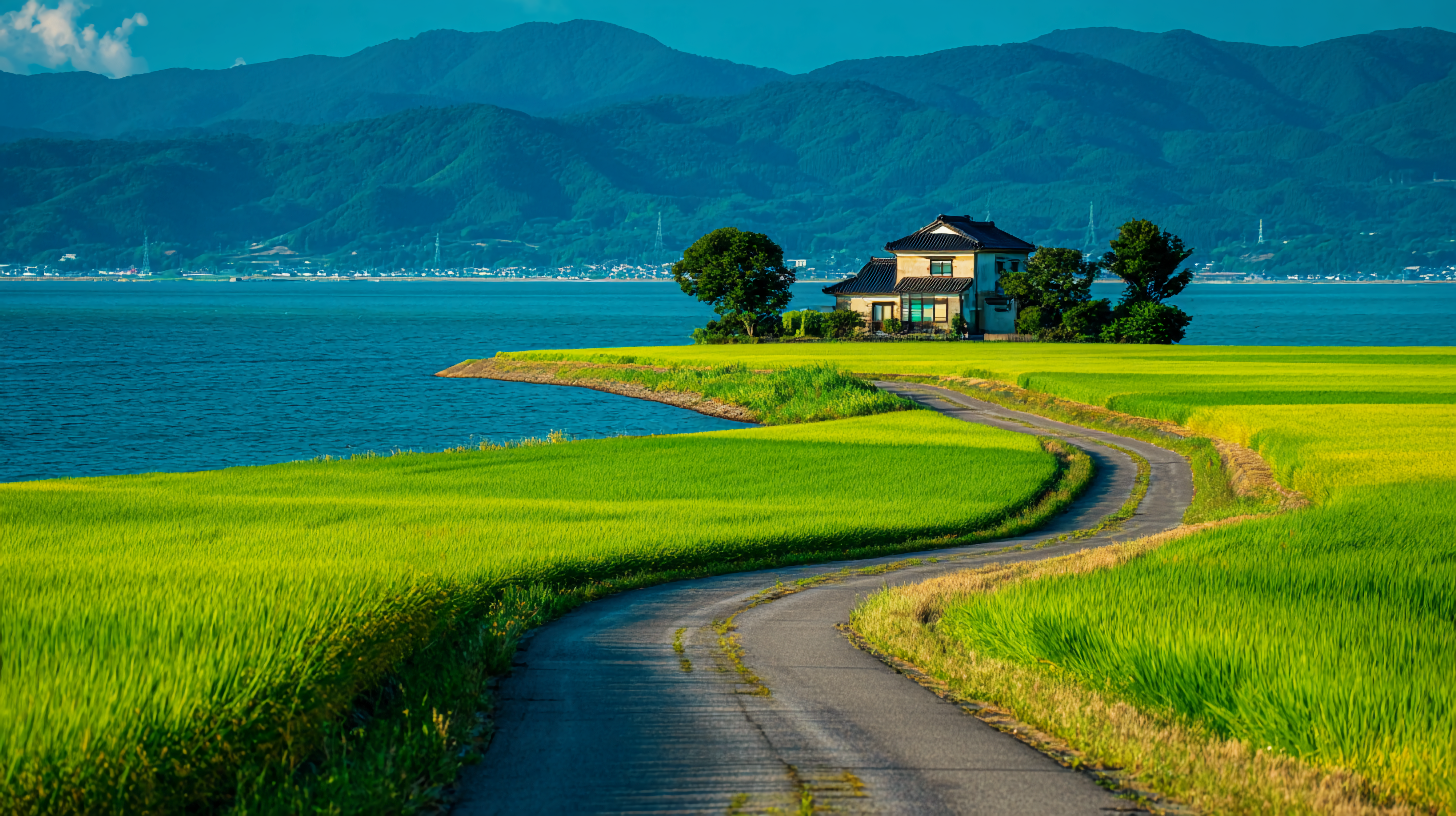 山水湖边房屋美丽风景