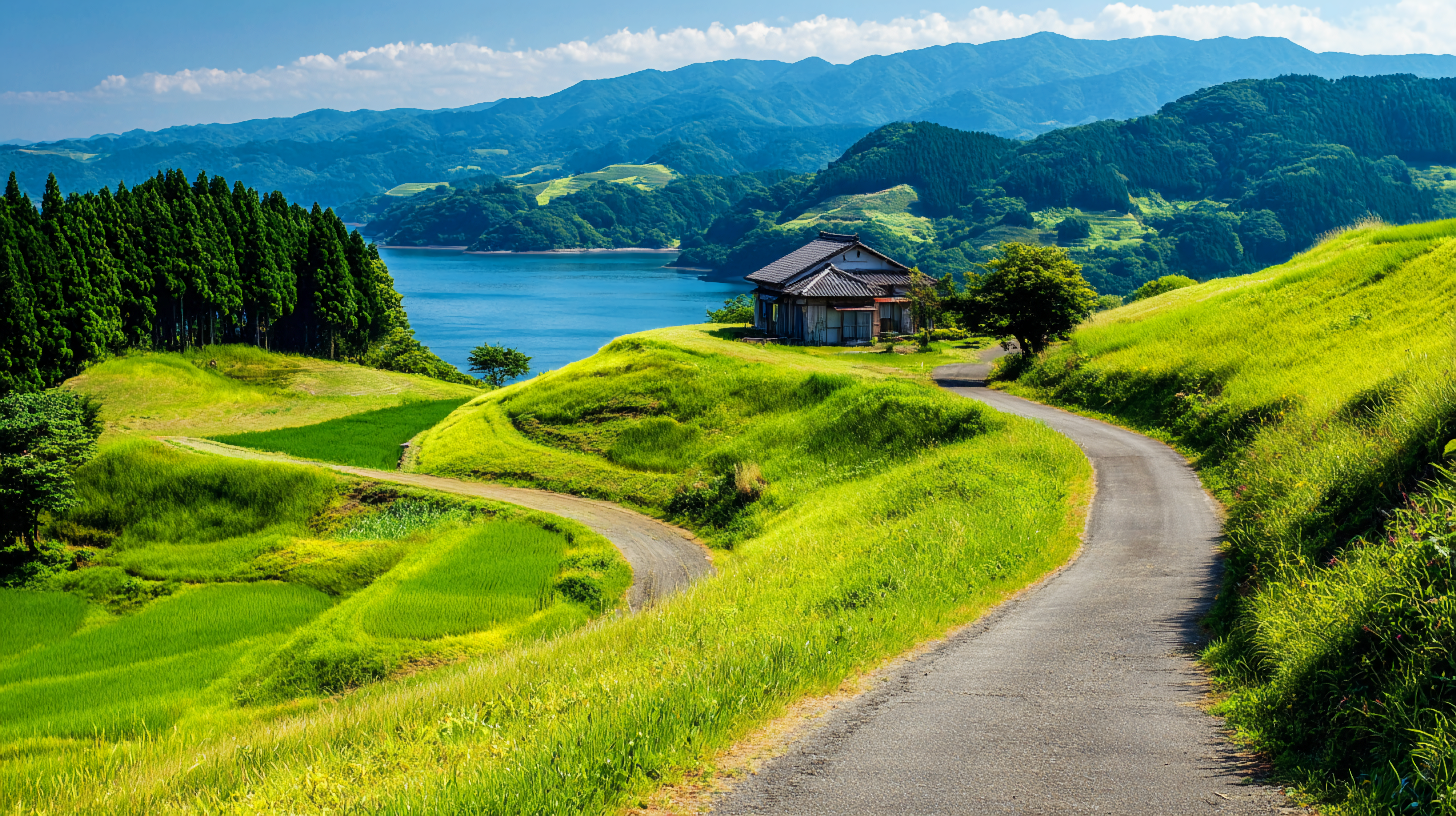 山水湖边房屋美丽风景