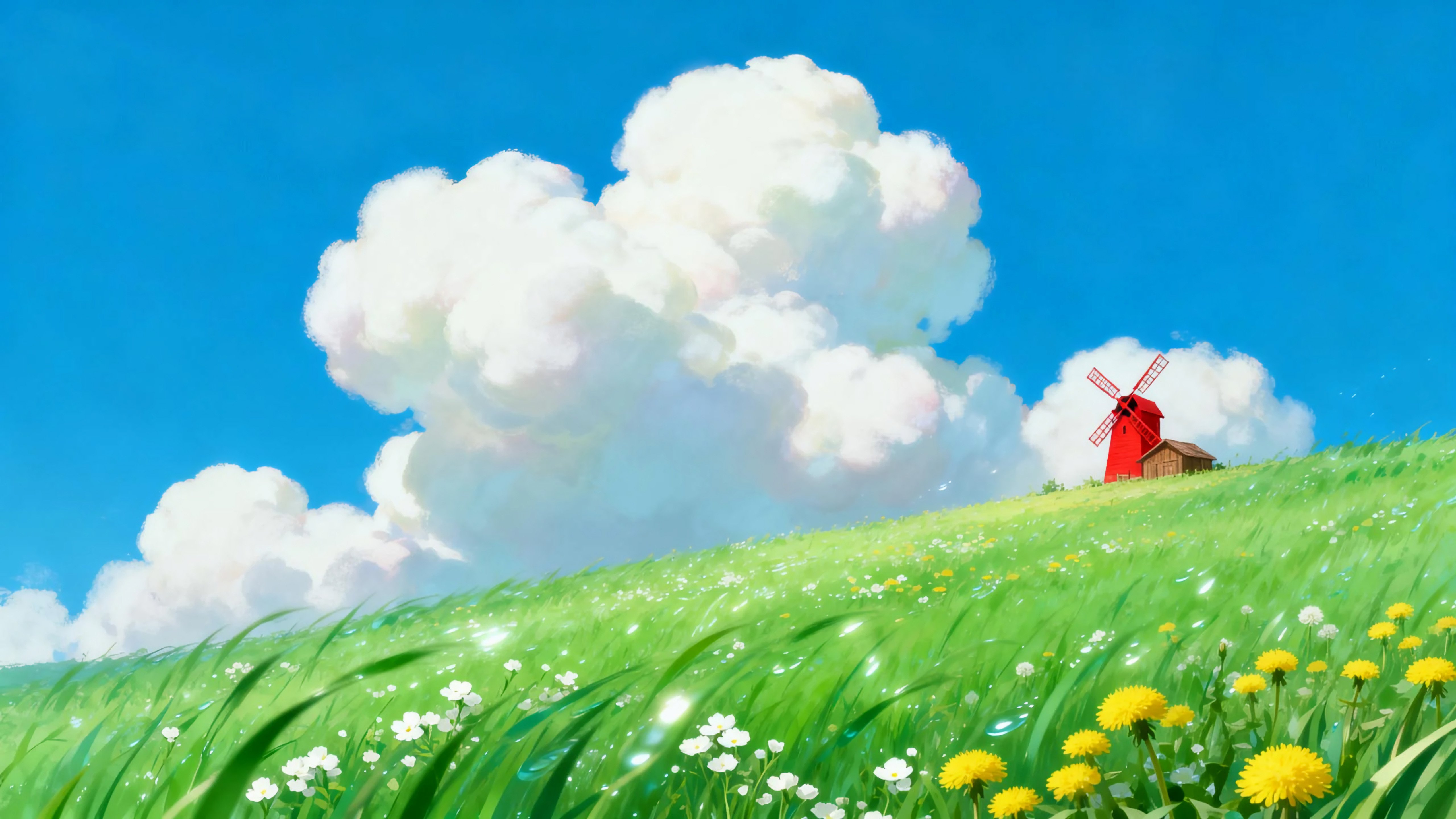 唯美的风车小屋风景插画