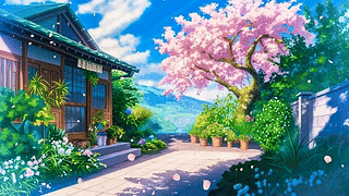 春天落花小屋庭院