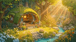 春天治愈溪边树林小屋