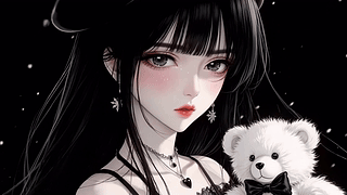 小熊和黑发红唇冷甜少女