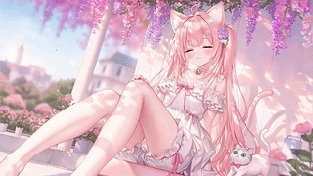 春日紫藤花下猫耳甜妹 动态壁纸 | 作者：豆子酱edda
