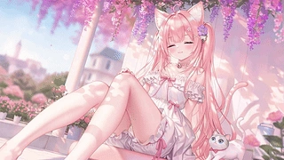 春日紫藤花下猫耳甜妹 动态壁纸 | 作者：豆子酱edda