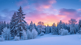 唯美晚霞雪景松林