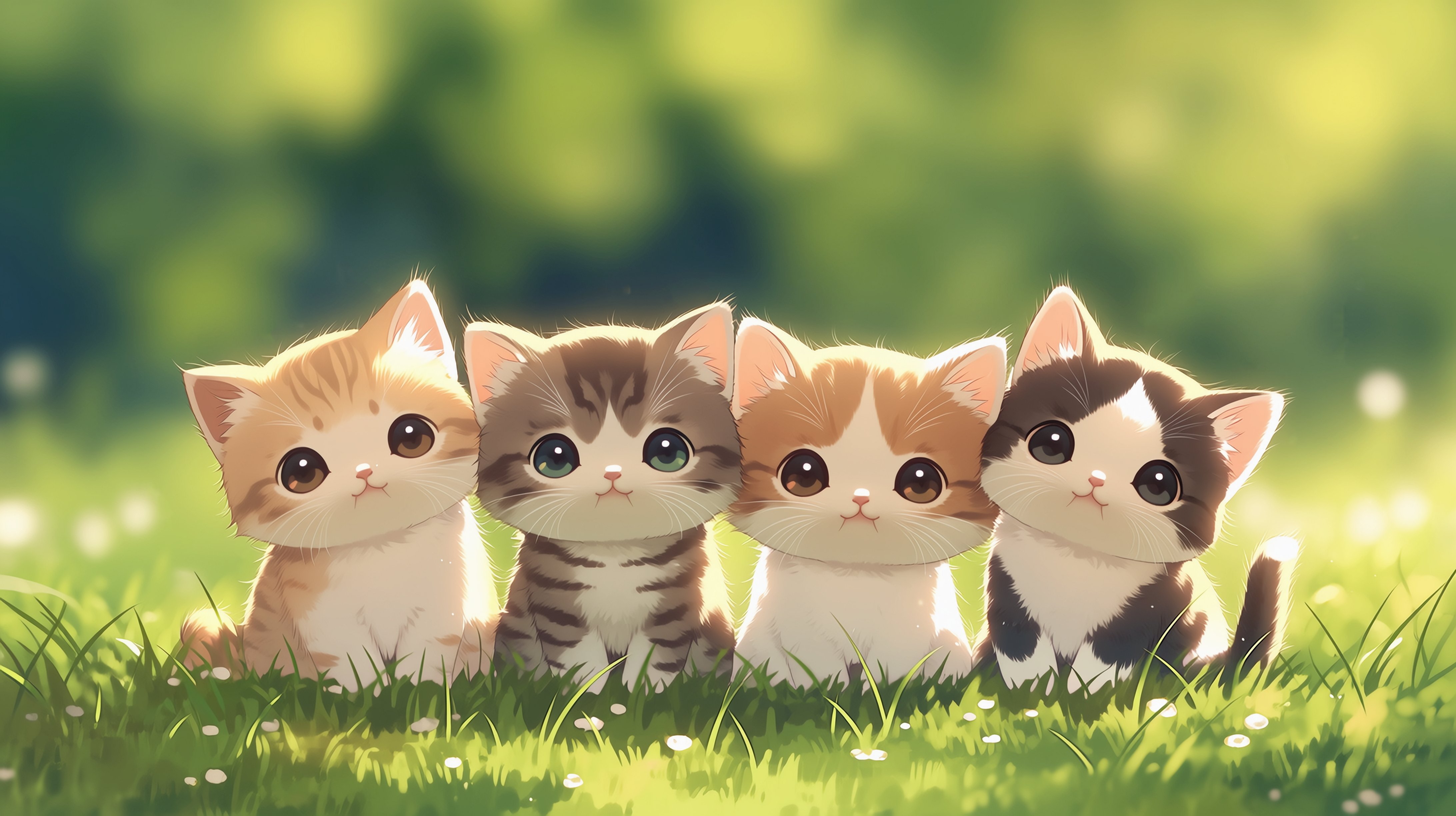 草地上4只可爱的猫咪